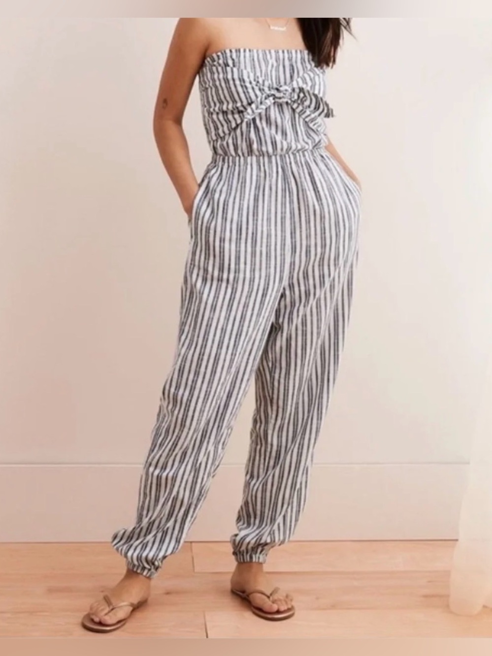 Aerie Striped Blue and White Strapless Jumpsuit Pockets 100% Cotton size S